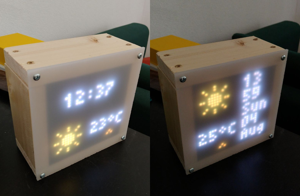 led matrix showing the current time and weather
